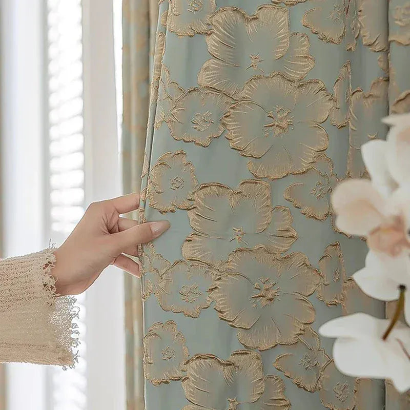 Blue / 1Piece W200 x H260CM / Grommet Top Rideaux Jacquard Luxe Bleu – Fleurs 3D en Relief avec Dorure Baroque Français, Semi-Occultants pour Salon