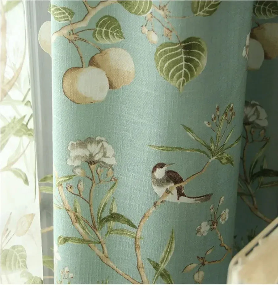 Blue Curtains Cloth / W100CM X L260CM / Grommet top Rideaux Campagne Américaine – Coton Tissé Lin Vert avec Motifs d’Oiseaux, Occultants pour Salon & Chambre