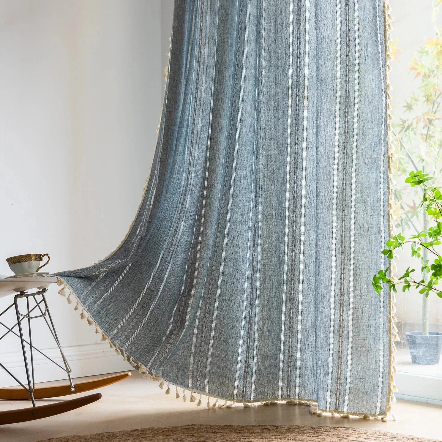 Blue / W140xH260cm / Rod Pocket Rideau Bohème Rustiques – Broderie Texturée et Pompons Vintage, Pour Chambre, Salon ou Cuisine