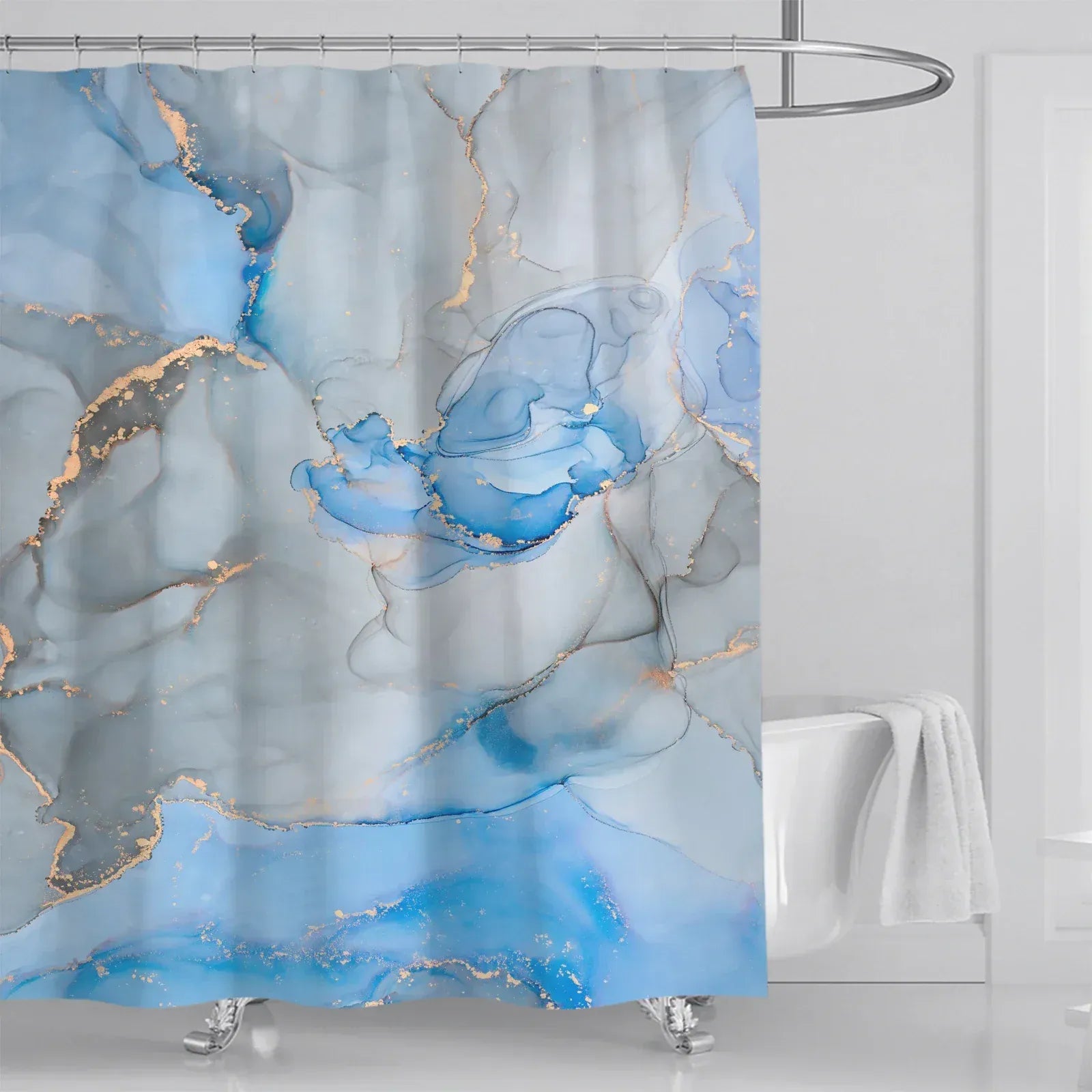 Blue / W180xH240cm Rideau de Douche Luxe – Motif Marbre Uni Gris et Or Abstrait, Tissu Étanche Lavable 180x180 cm