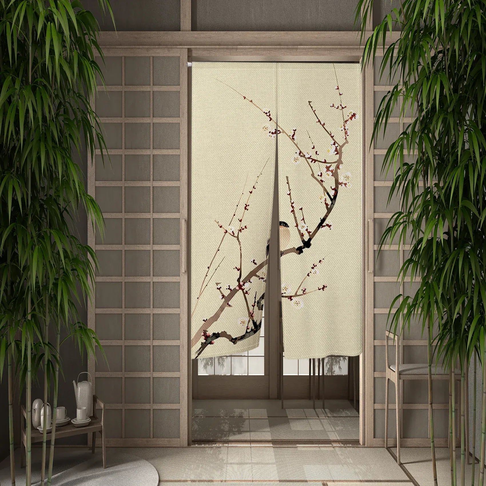 CKY00037 / 80x130cm Noren Japonais Beige Orange – Rideau de Porte Lin Naturel, Séparation de Pièce, Style Rustique