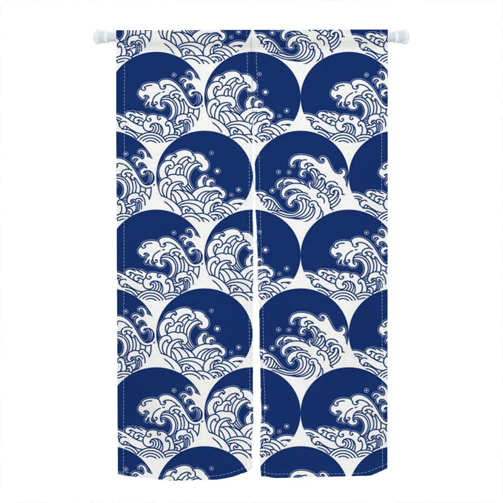 CLX01018 / 65x90cm Noren Japonais Beige Motif Vague – Rideau de Porte Court, Séparateur de Pièce, Entrée Salon & Salle de Bain