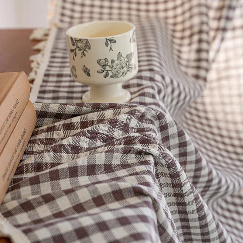 coffee / W100cm x H130cm 1Pc / Grommet Top Rideaux Rustiques Style Forêt à Franges – Motif à Carreaux, Pour Chambre, Salon ou Balcon, Déco Maison (1/2 Pcs)