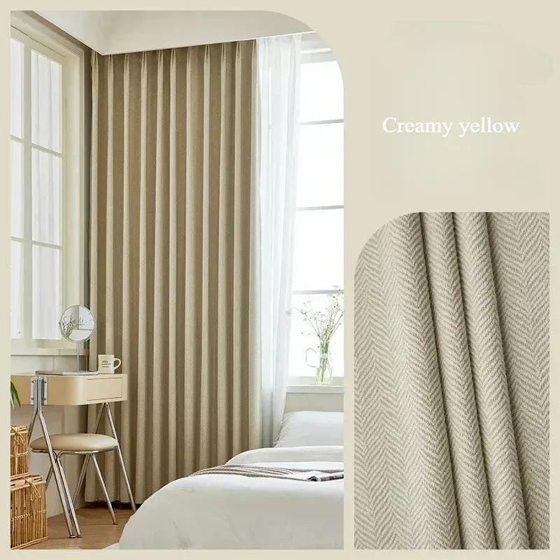 Creamy yellow / 1PC W400cmxH250cm / Metal Grommet Top Rideaux en Chenille Beige Épais – Motif Chevron Sur Mesure, Occultants de Luxe pour Salon & Chambre