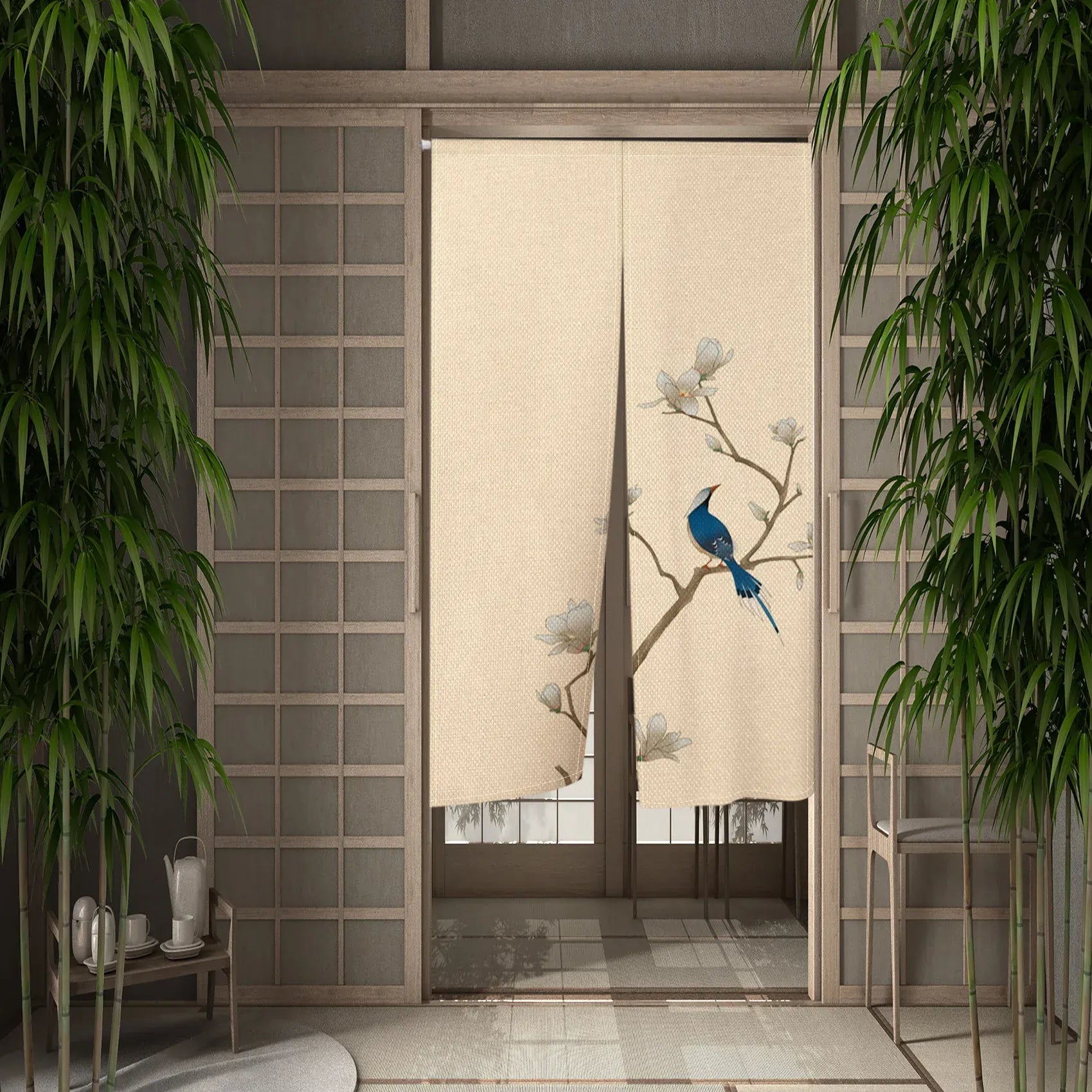 CTS00226 / 80x130cm Noren Japonais Beige Orange – Rideau de Porte Lin Naturel, Séparation de Pièce, Style Rustique