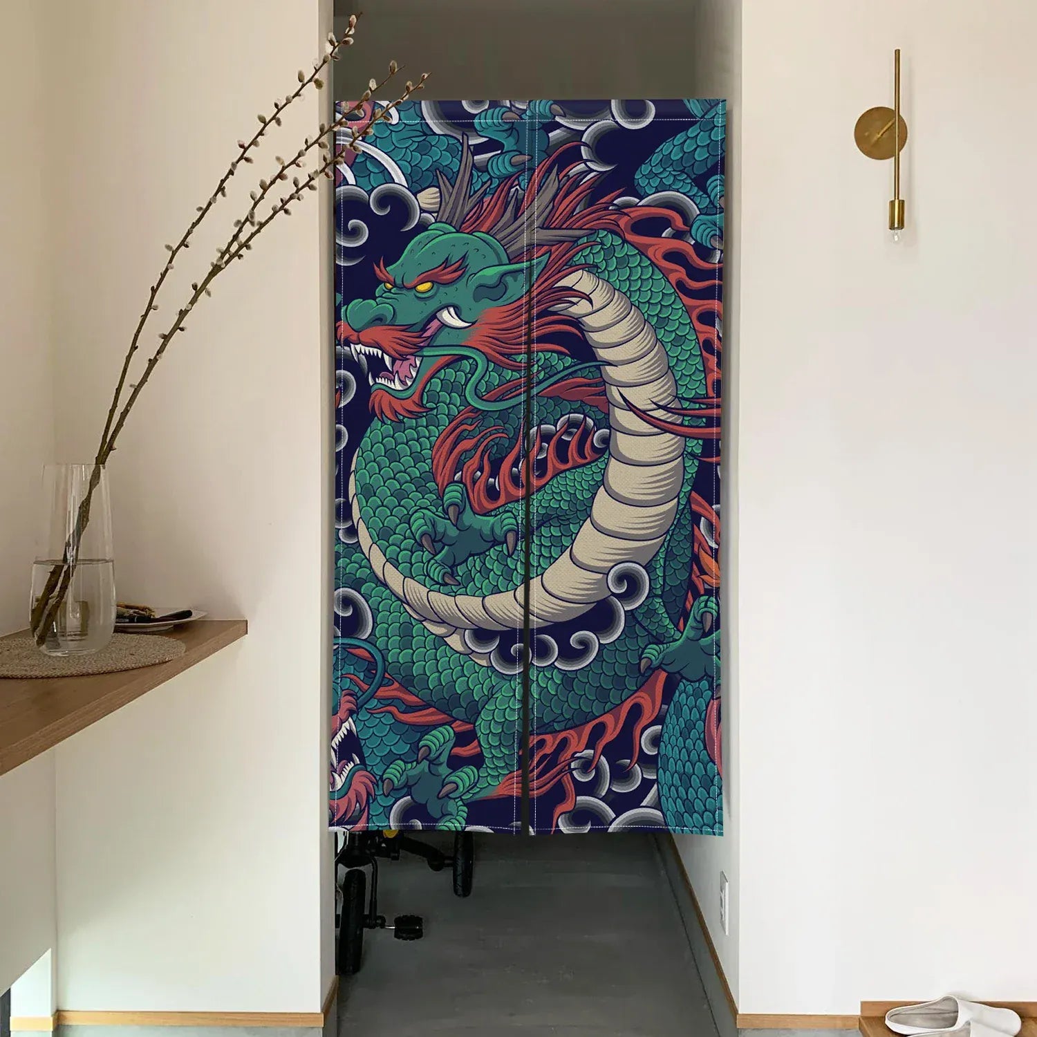 CTS00472 / 55x90cm Rideau Demi-Portière Dragon Chinois – Style Japonais pour Cuisine, Chambre ou Entrée
