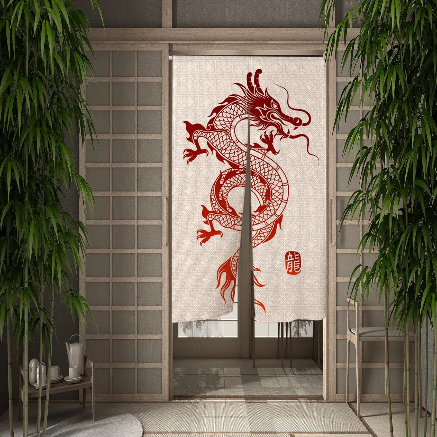 CTS00738 / 100x170cm Rideau Demi-Portière Dragon Chinois – Style Japonais pour Cuisine, Chambre ou Entrée