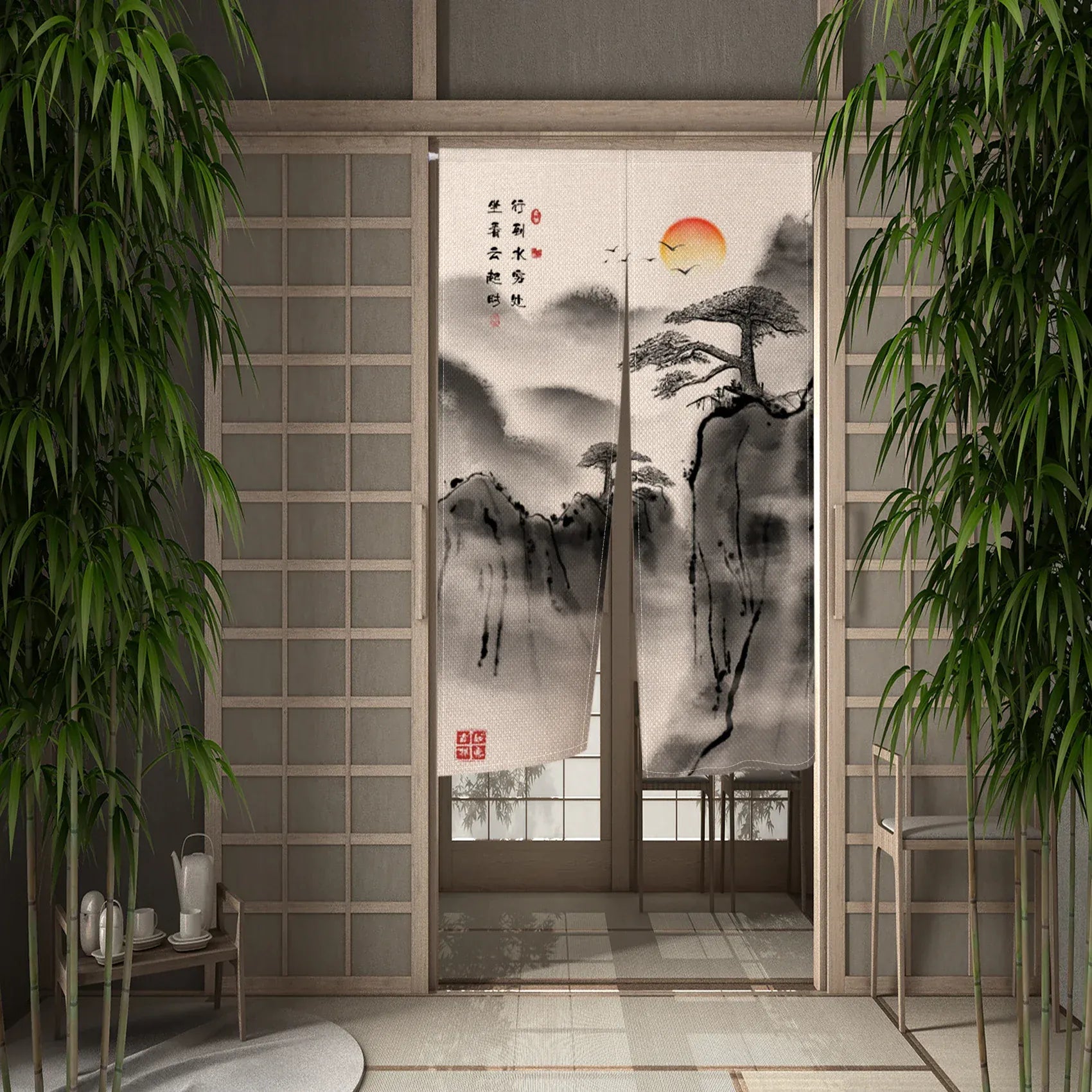 CTS00827 / 55x90cm Portière Traditionnelle – Rideau Suspendu Style Asiatique Peinture à l’Encre pour Cloison ou Porte