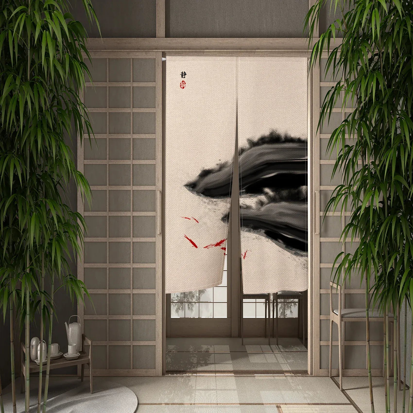 CTS00829 / 120x200cm Portière Traditionnelle – Rideau Suspendu Style Asiatique Peinture à l’Encre pour Cloison ou Porte