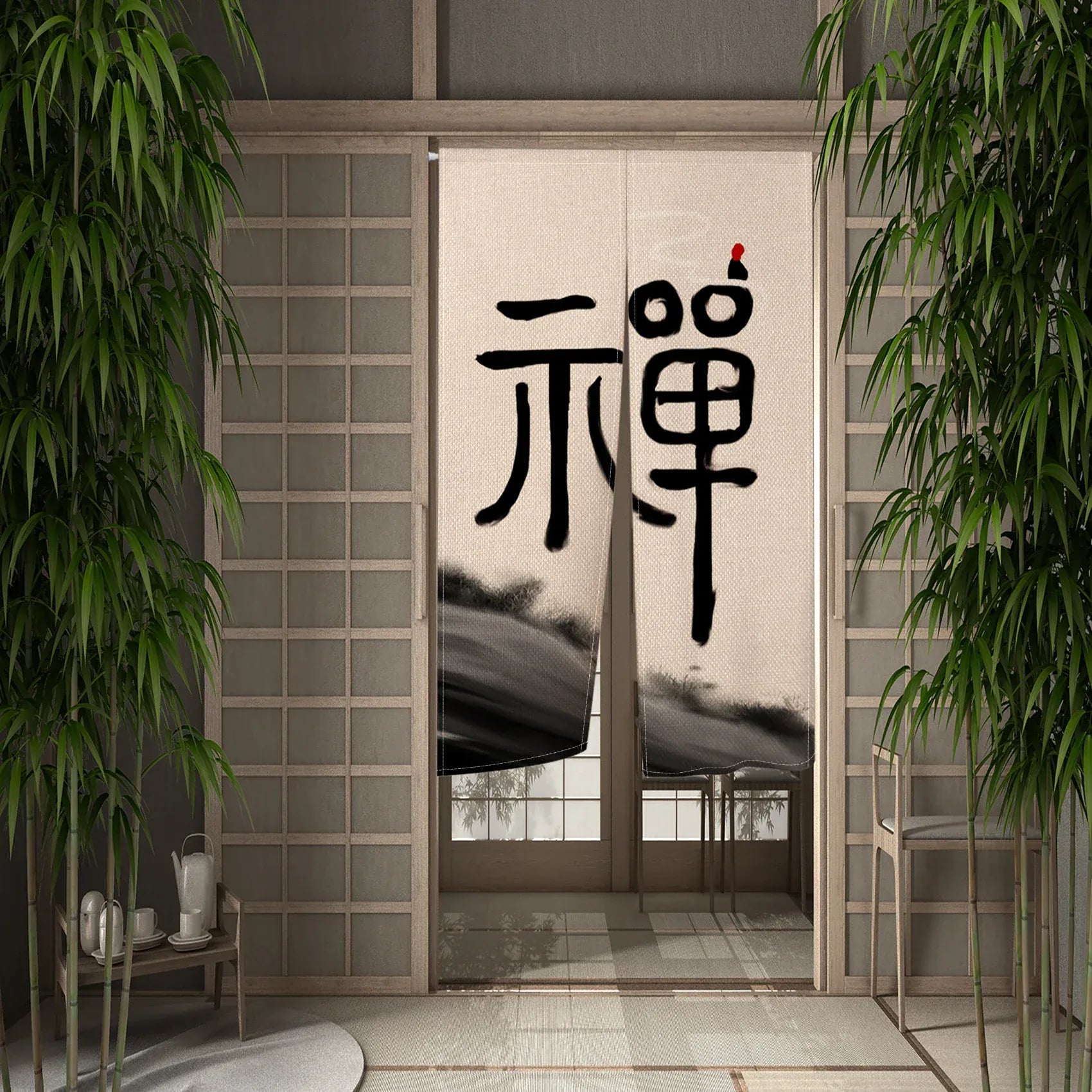 CTS00830 / 120x200cm Portière Traditionnelle – Rideau Suspendu Style Asiatique Peinture à l’Encre pour Cloison ou Porte