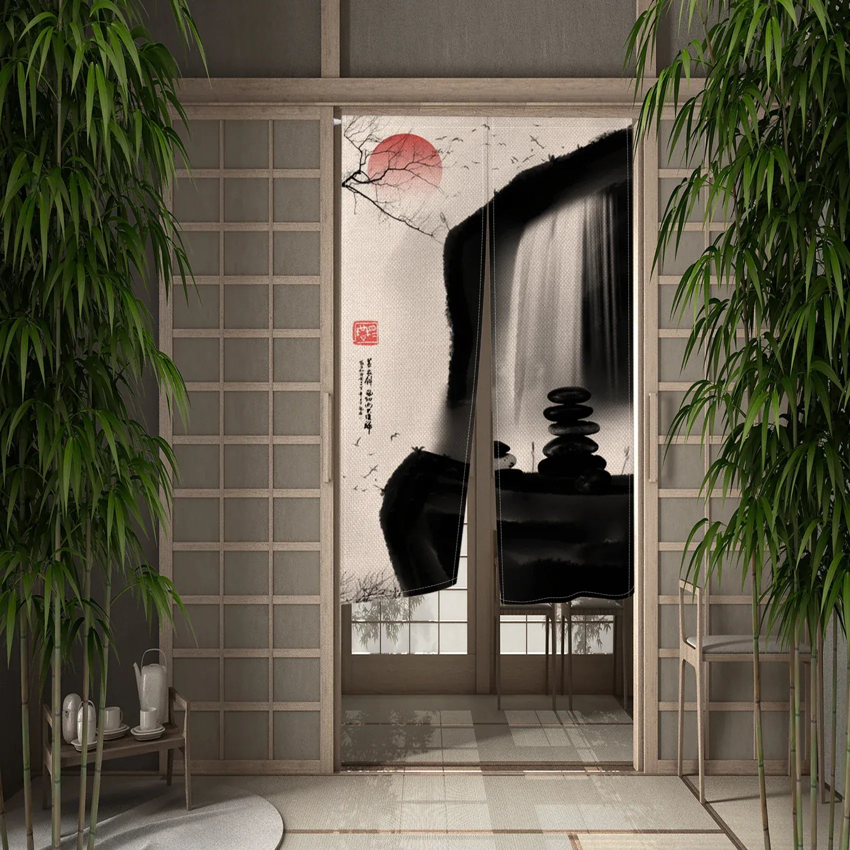 CTS00833 / 65x100cm Portière Traditionnelle – Rideau Suspendu Style Asiatique Peinture à l’Encre pour Cloison ou Porte