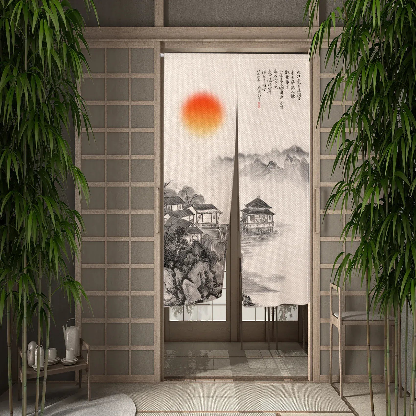 CTS00835 / 120x200cm Portière Traditionnelle – Rideau Suspendu Style Asiatique Peinture à l’Encre pour Cloison ou Porte