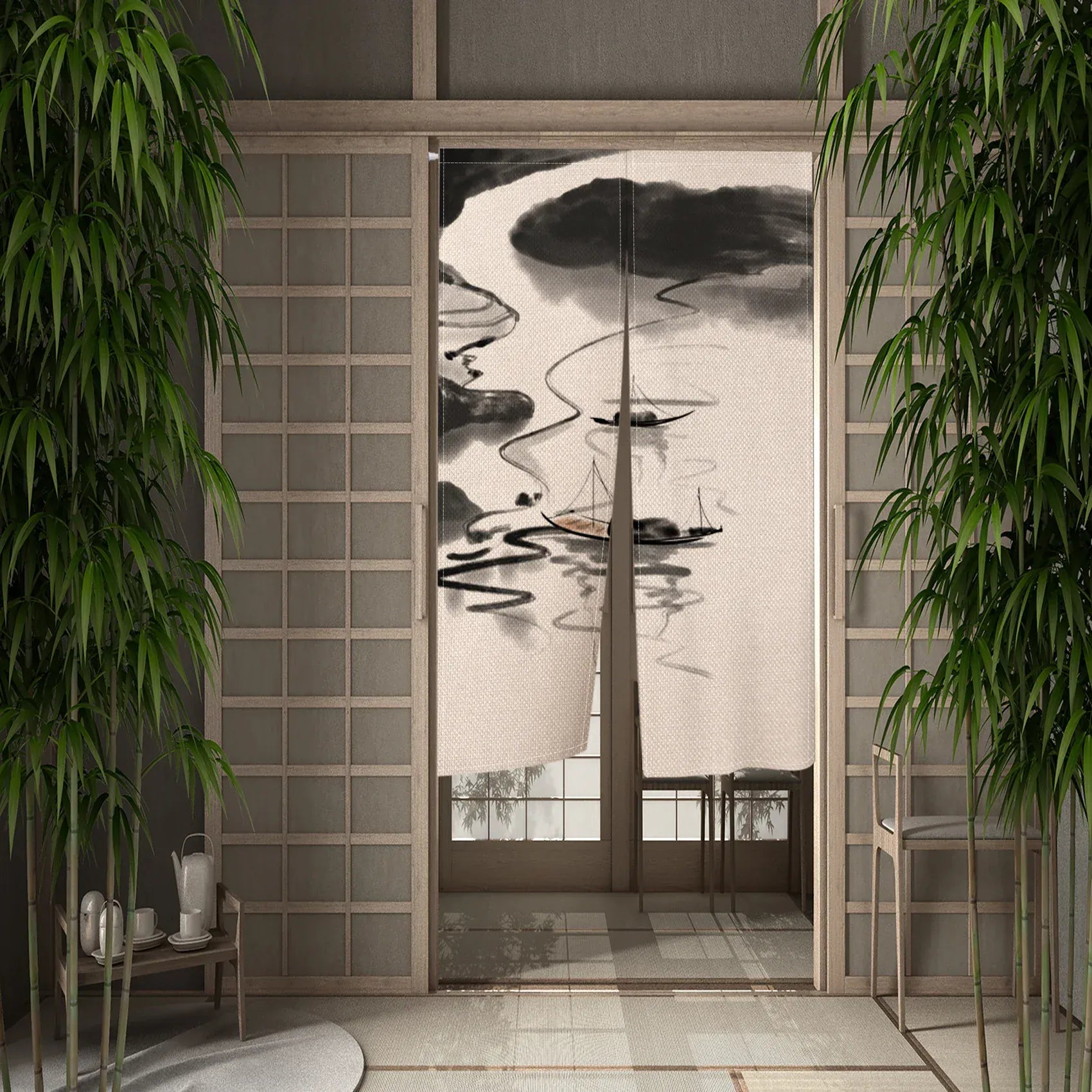 CTS00836 / 120x200cm Portière Traditionnelle – Rideau Suspendu Style Asiatique Peinture à l’Encre pour Cloison ou Porte