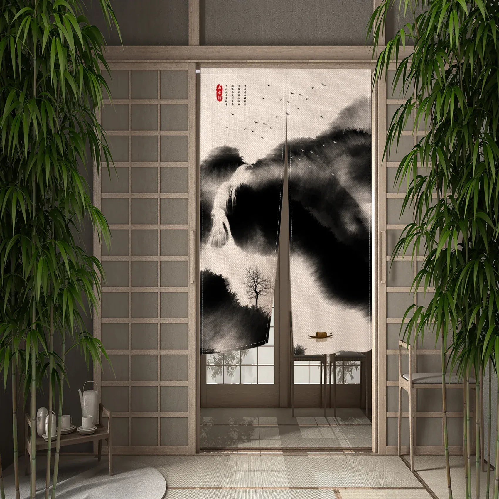 CTS00838 / 120x200cm Portière Traditionnelle – Rideau Suspendu Style Asiatique Peinture à l’Encre pour Cloison ou Porte