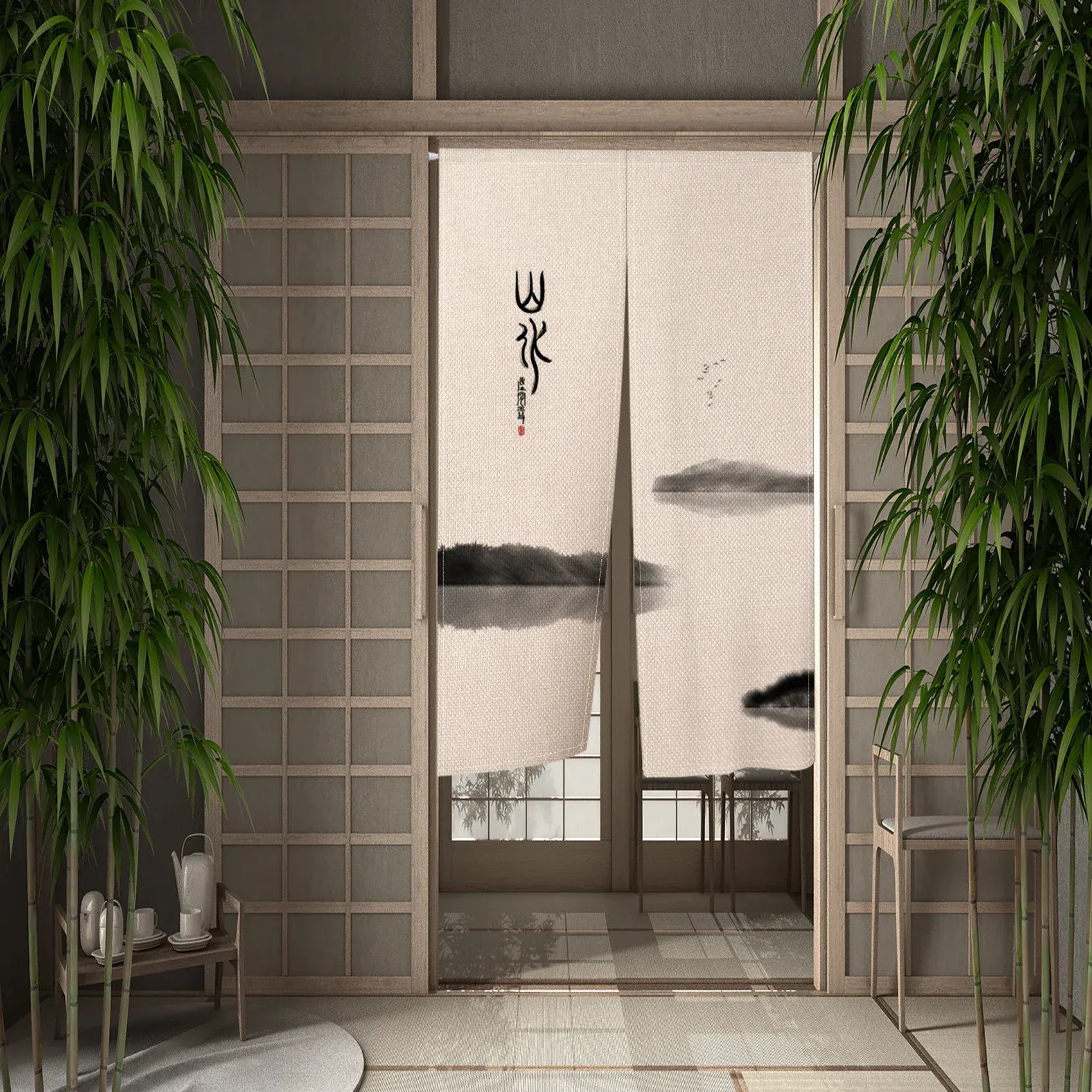 CTS00839 / 110x180cm Portière Traditionnelle – Rideau Suspendu Style Asiatique Peinture à l’Encre pour Cloison ou Porte