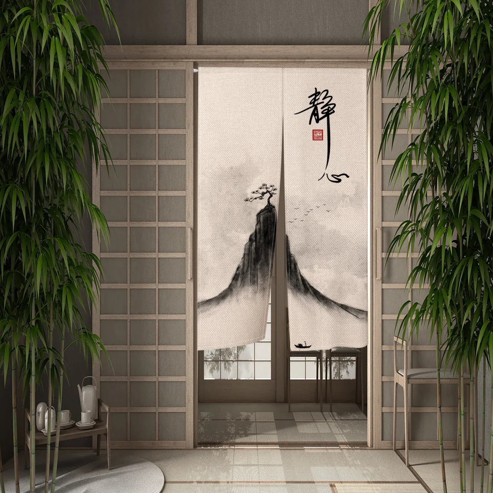 CTS00840 / 120x200cm Portière Traditionnelle – Rideau Suspendu Style Asiatique Peinture à l’Encre pour Cloison ou Porte