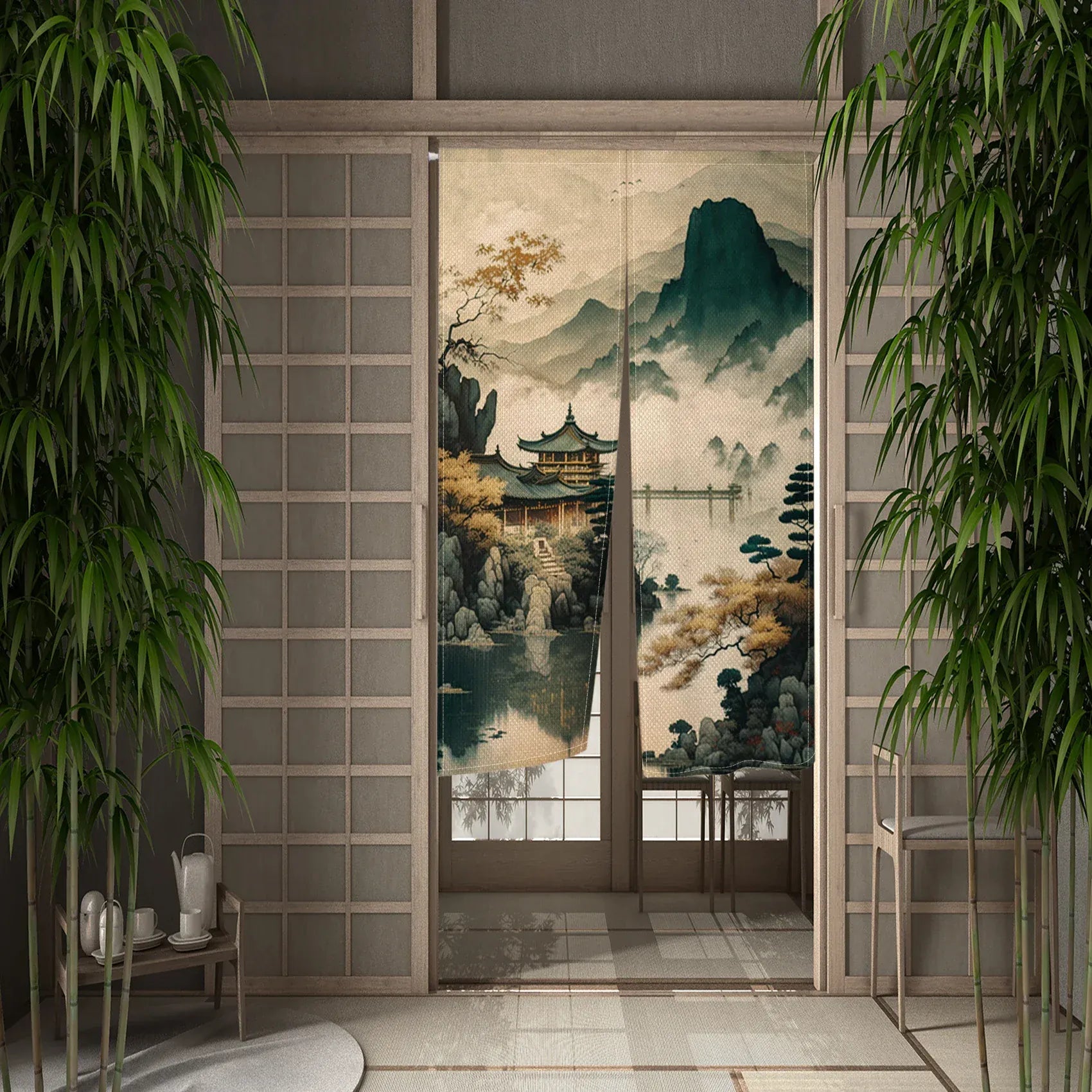 CTS00841 / 120x200cm Portière Traditionnelle – Rideau Suspendu Style Asiatique Peinture à l’Encre pour Cloison ou Porte