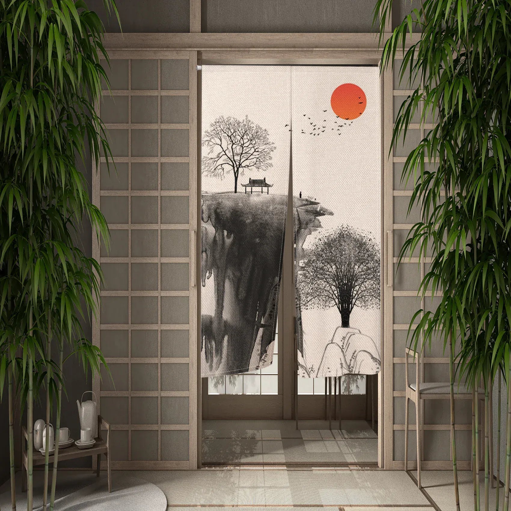 CTS00862 / 120x200cm Portière Traditionnelle – Rideau Suspendu Style Asiatique Peinture à l’Encre pour Cloison ou Porte