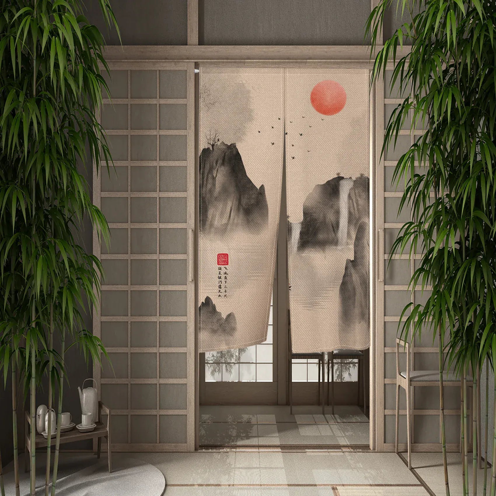 CTS00869 / 70x120cm Portière Traditionnelle – Rideau Suspendu Style Asiatique Peinture à l’Encre pour Cloison ou Porte