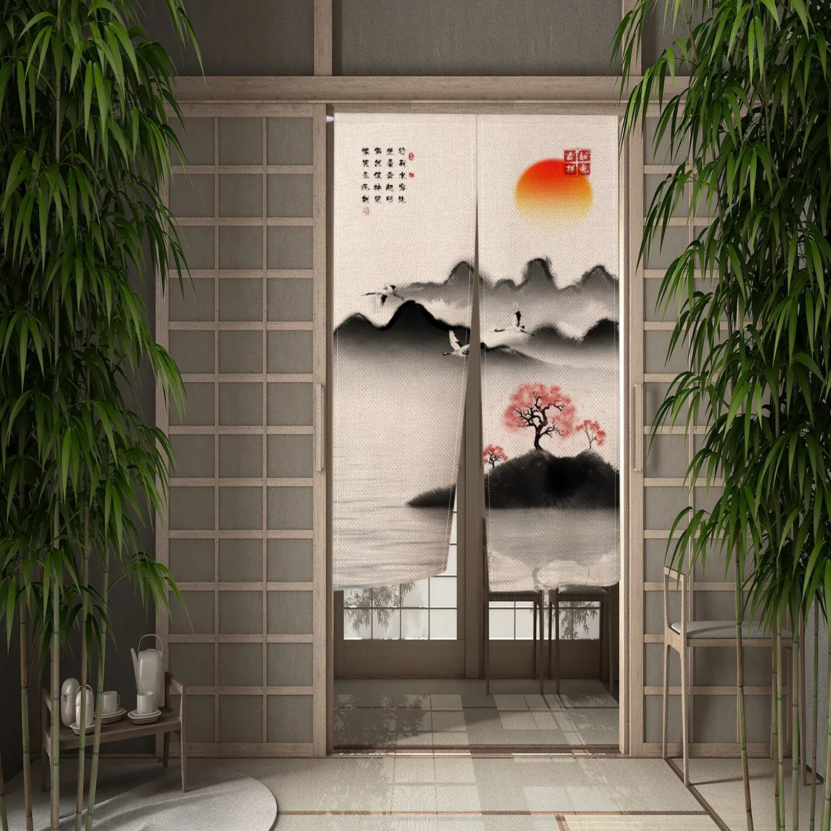 CTS00871 / 110x180cm Portière Traditionnelle – Rideau Suspendu Style Asiatique Peinture à l’Encre pour Cloison ou Porte