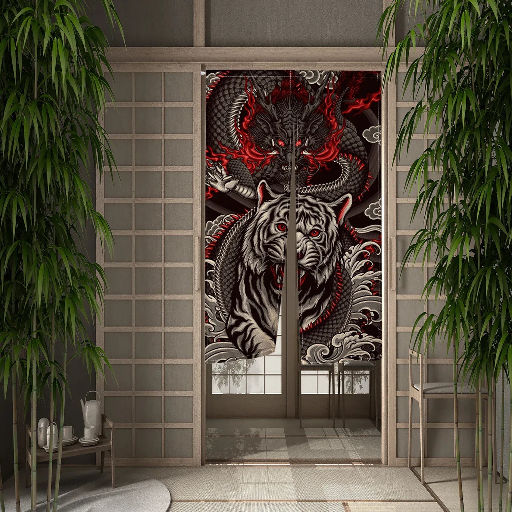 CTS00966 / 55x90cm Rideau Demi-Portière Dragon Chinois – Style Japonais pour Cuisine, Chambre ou Entrée