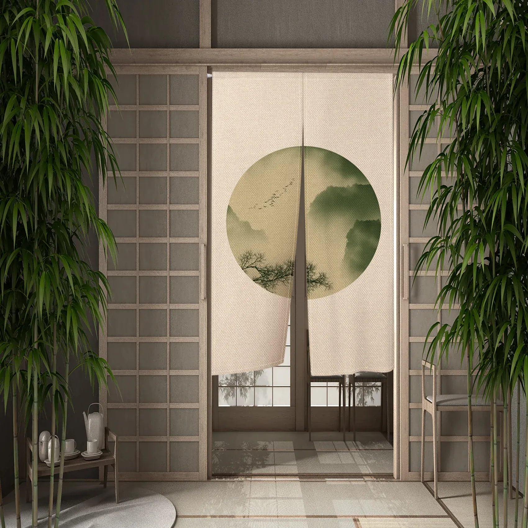 CTS01026 / 110x180cm Portière Traditionnelle – Rideau Suspendu Style Asiatique Peinture à l’Encre pour Cloison ou Porte