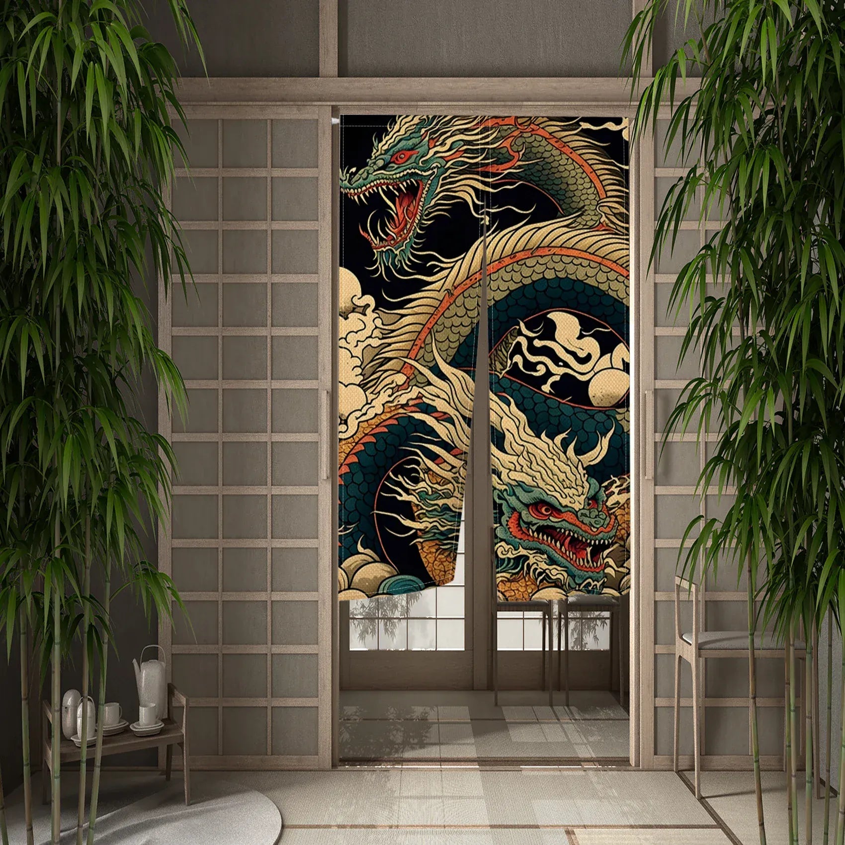 CTS01068 / 100x170cm Rideau Demi-Portière Dragon Chinois – Style Japonais pour Cuisine, Chambre ou Entrée