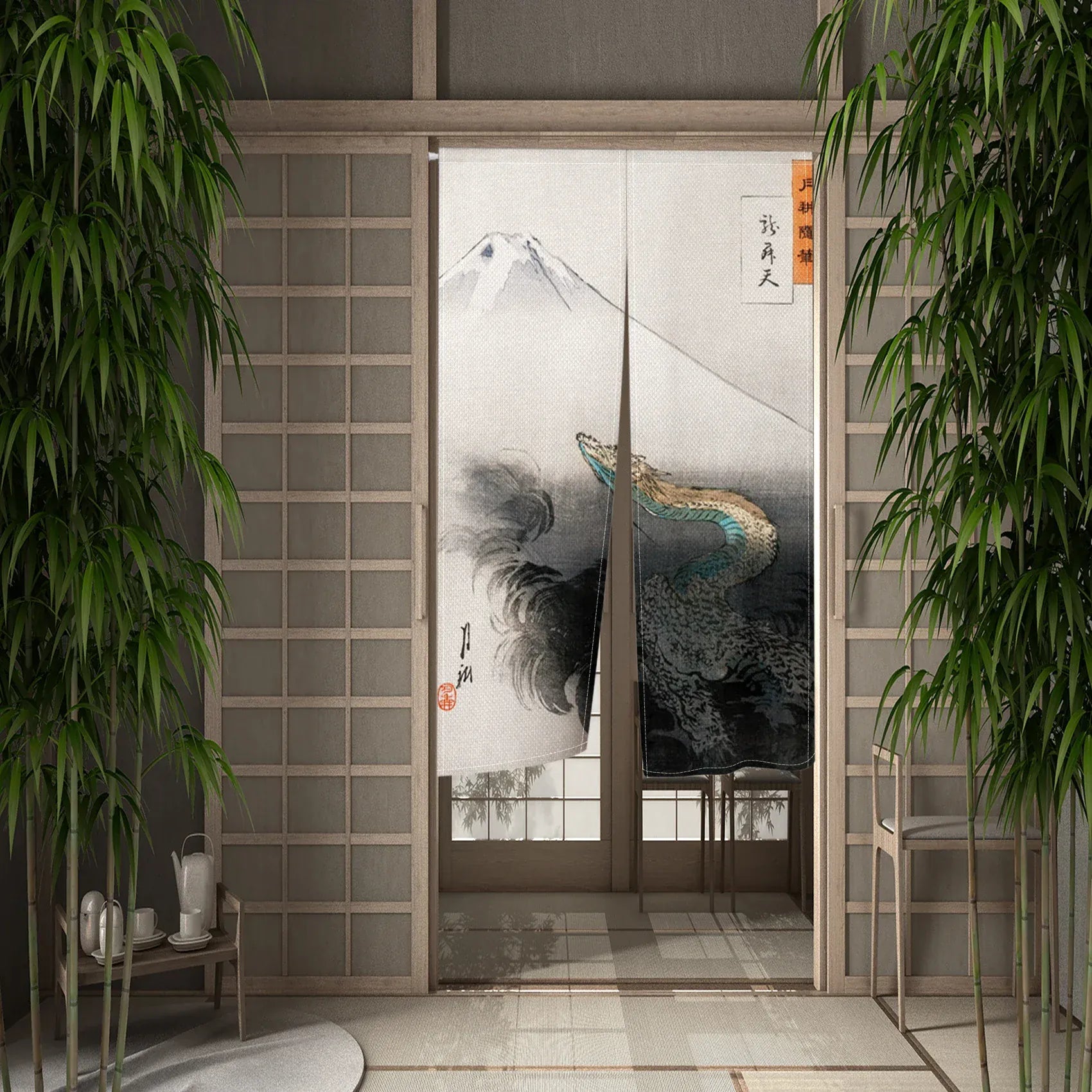 CTS01076 / 70x120cm Rideau Demi-Portière Dragon Chinois – Style Japonais pour Cuisine, Chambre ou Entrée