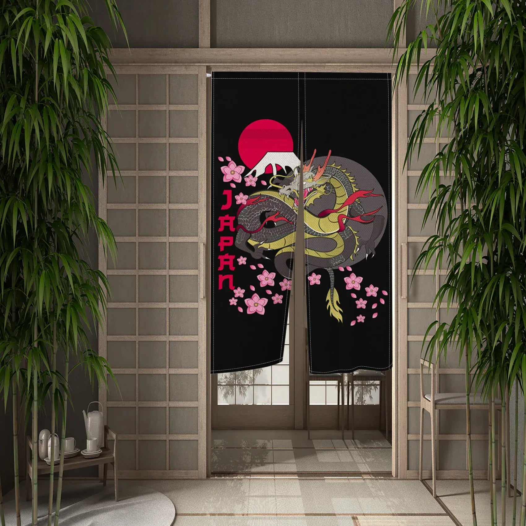 CTS01195 / 55x90cm Rideau Demi-Portière Dragon Chinois – Style Japonais pour Cuisine, Chambre ou Entrée