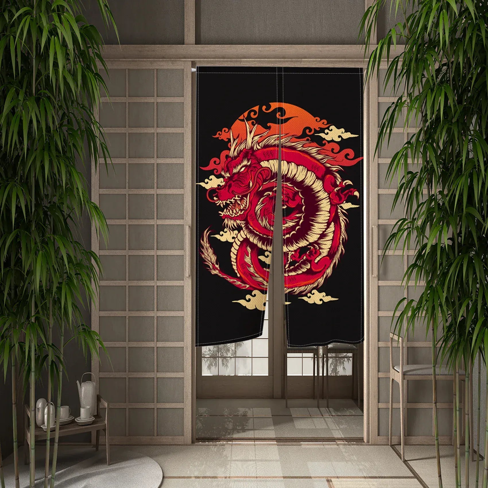 CTS01373 / 90x150cm Rideau Demi-Portière Dragon Chinois – Style Japonais pour Cuisine, Chambre ou Entrée