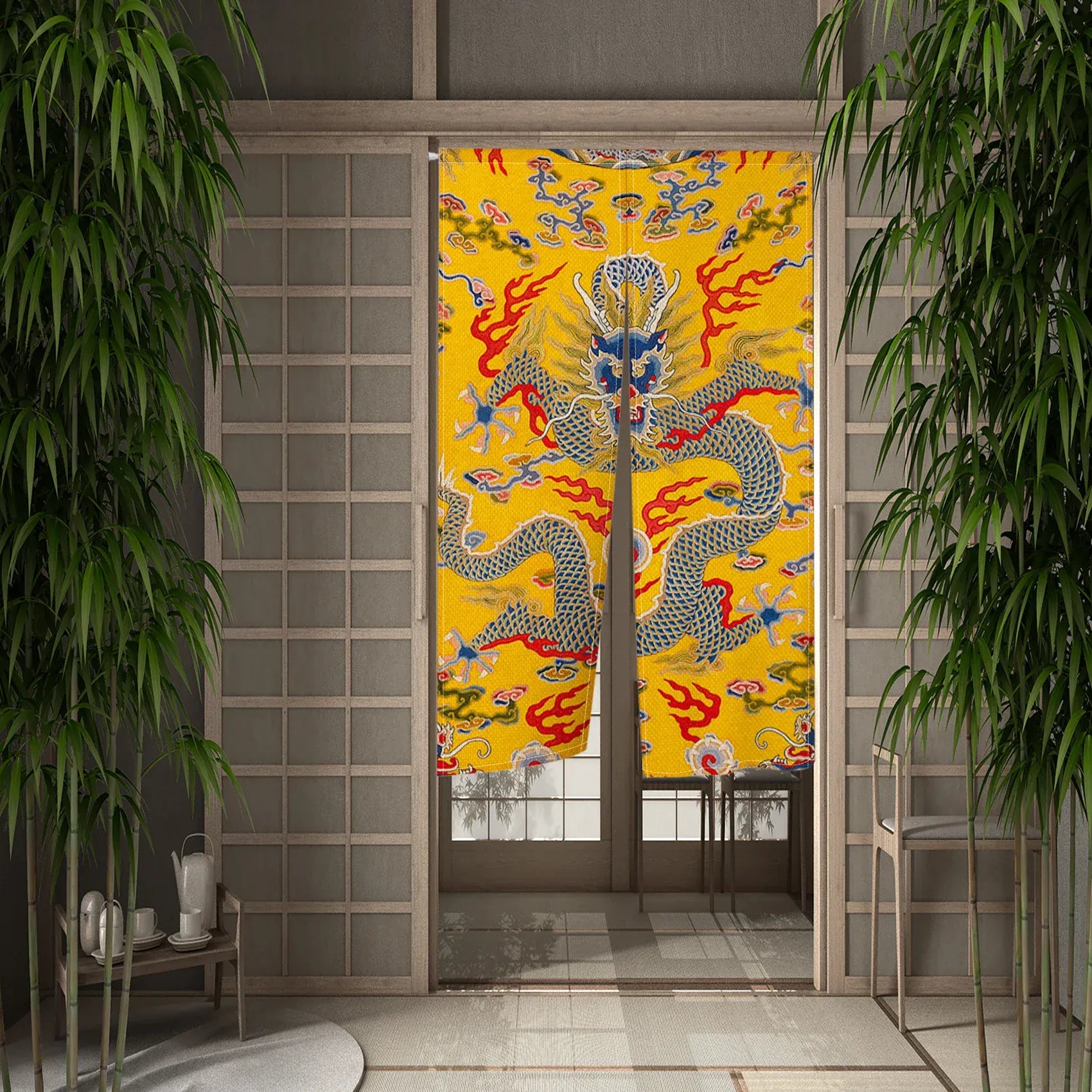 CTS01524 / 95x160cm Rideau Demi-Portière Dragon Chinois – Style Japonais pour Cuisine, Chambre ou Entrée