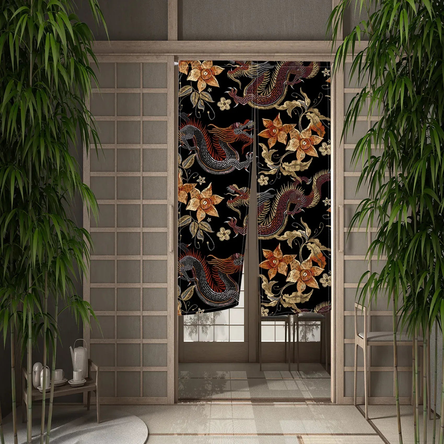CTS01591 / 120x200cm Rideau Demi-Portière Dragon Chinois – Style Japonais pour Cuisine, Chambre ou Entrée