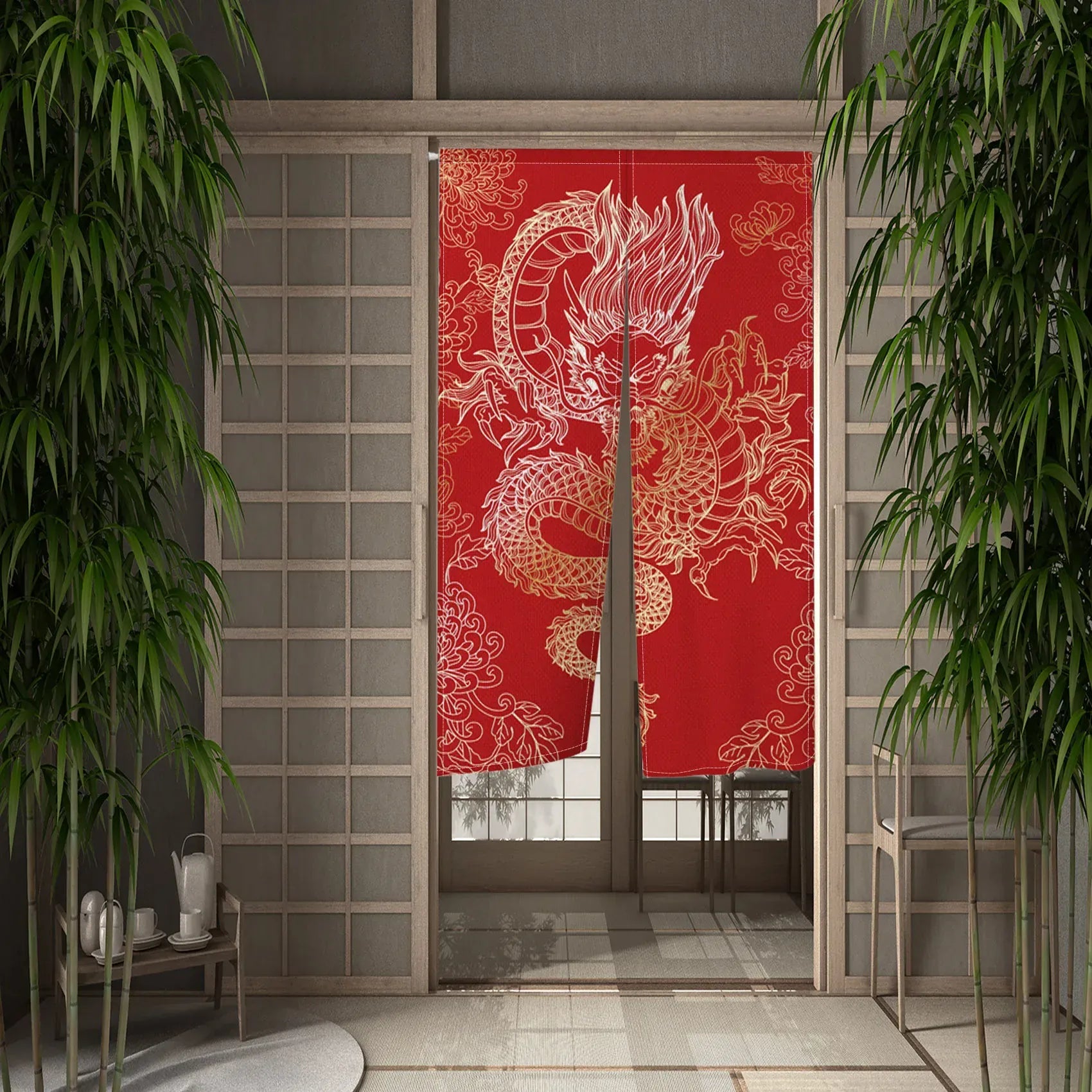 CTS01730 / 55x90cm Rideau Demi-Portière Dragon Chinois – Style Japonais pour Cuisine, Chambre ou Entrée