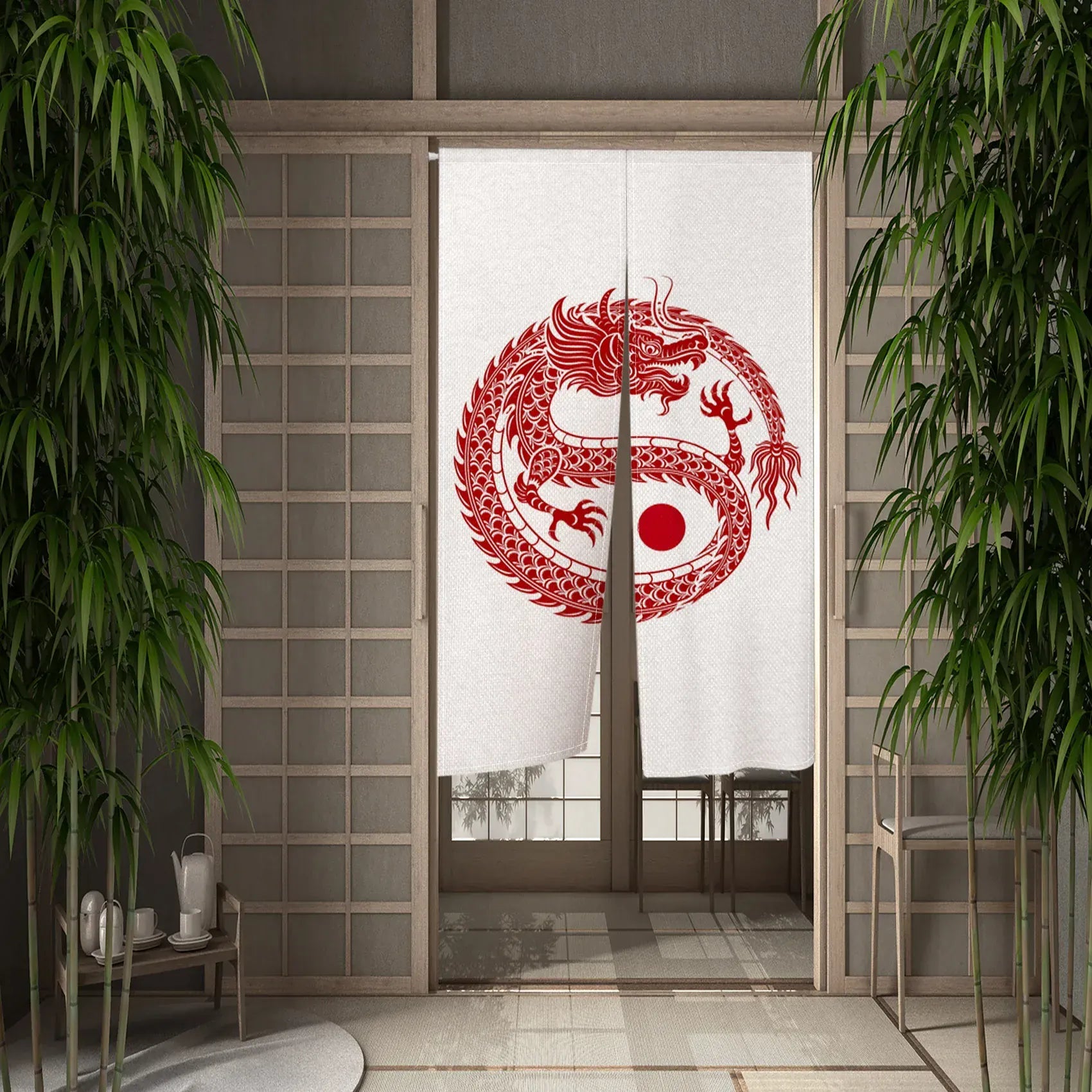 CTS01731 / 55x90cm Rideau Demi-Portière Dragon Chinois – Style Japonais pour Cuisine, Chambre ou Entrée