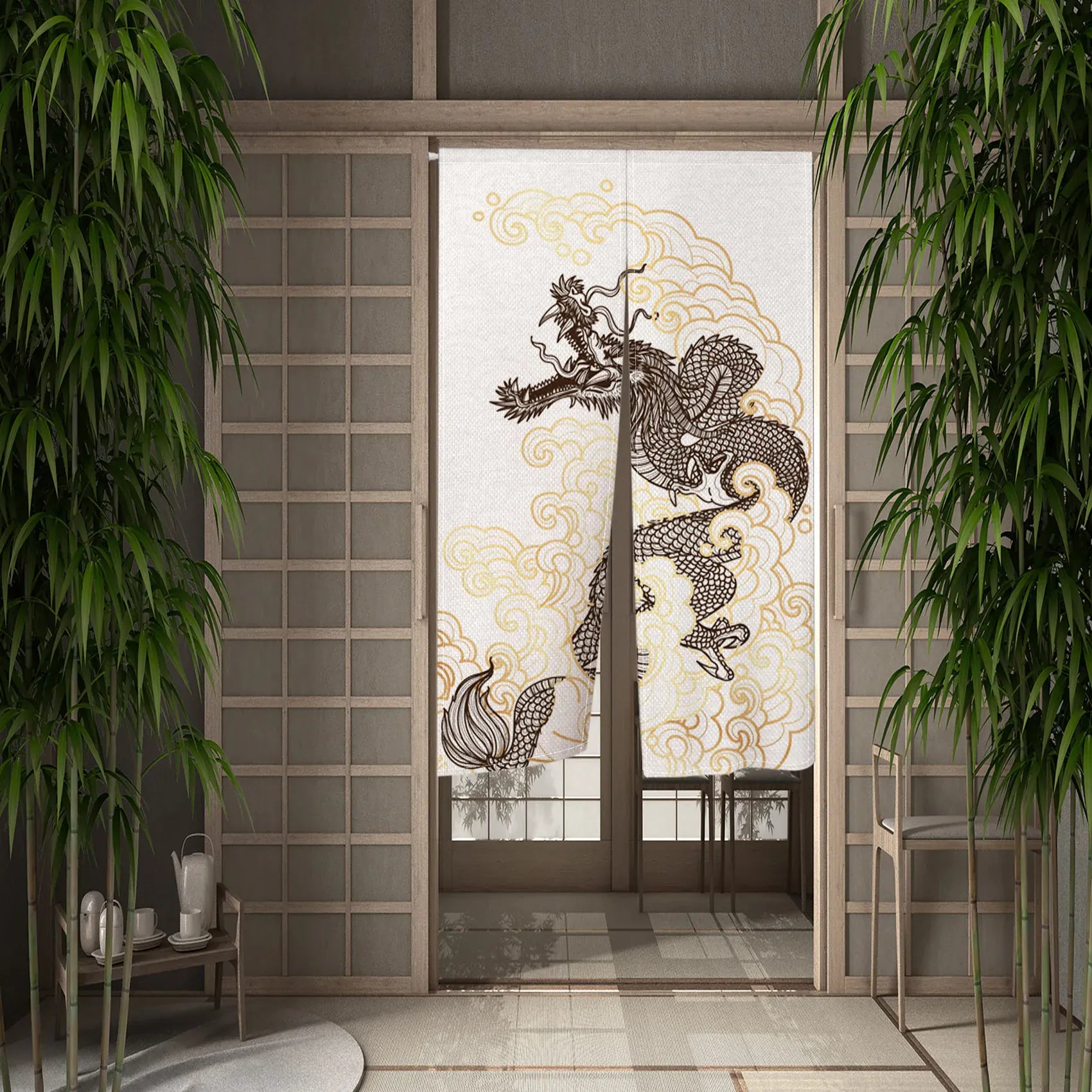 CTS01732 / 70x120cm Rideau Demi-Portière Dragon Chinois – Style Japonais pour Cuisine, Chambre ou Entrée