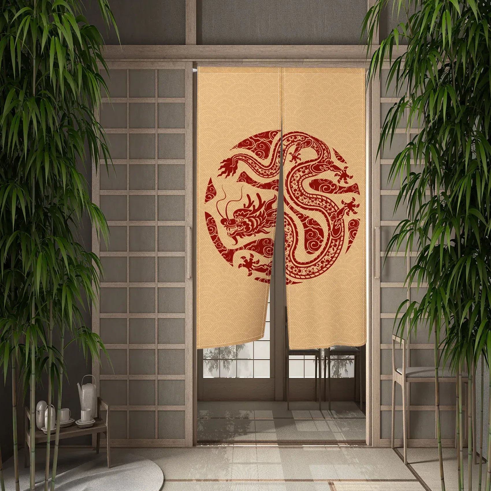 CTS01733 / 65x100cm Rideau Demi-Portière Dragon Chinois – Style Japonais pour Cuisine, Chambre ou Entrée