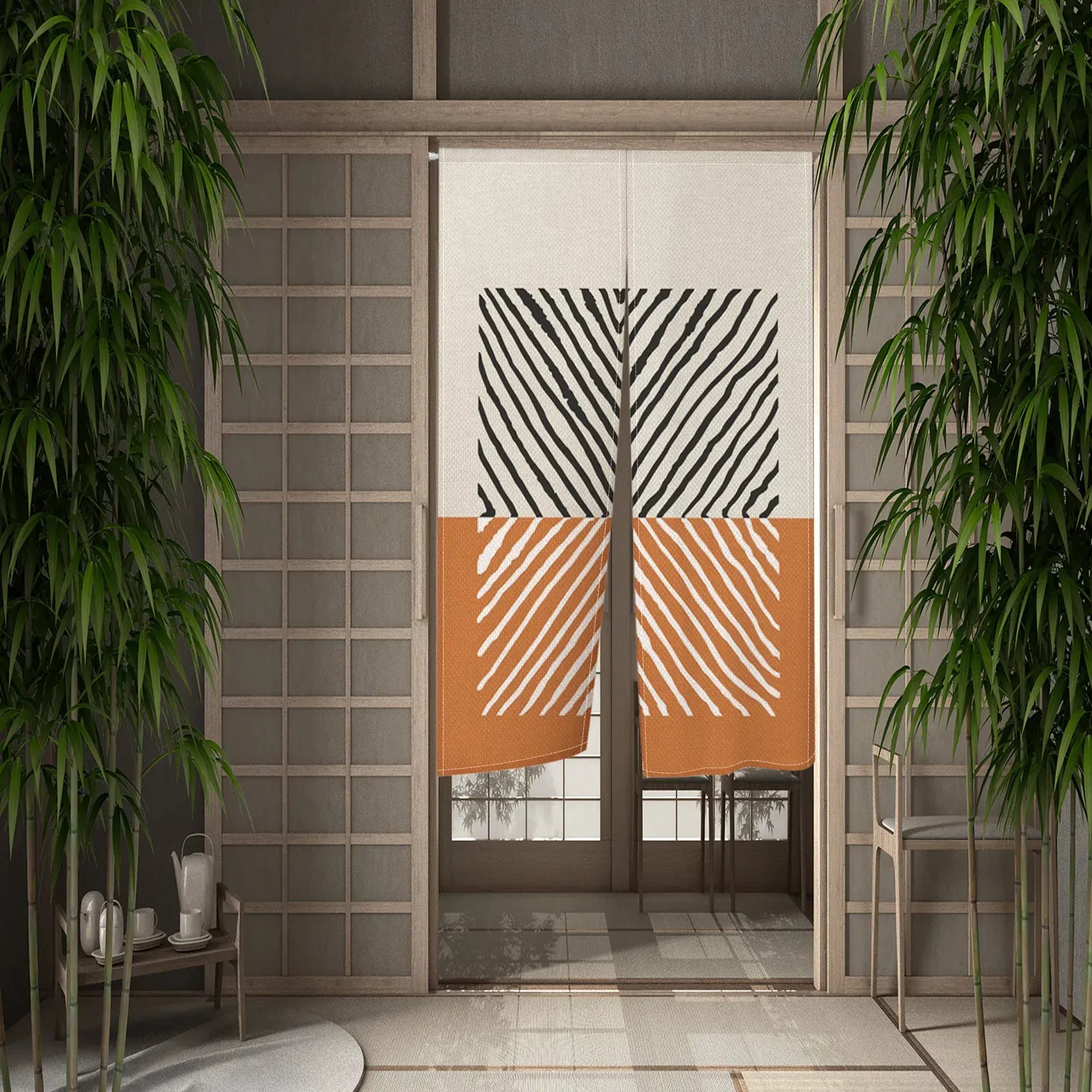 CTS02039 / 100x170cm Noren Japonais Beige Orange – Rideau de Porte Lin Naturel, Séparation de Pièce, Style Rustique