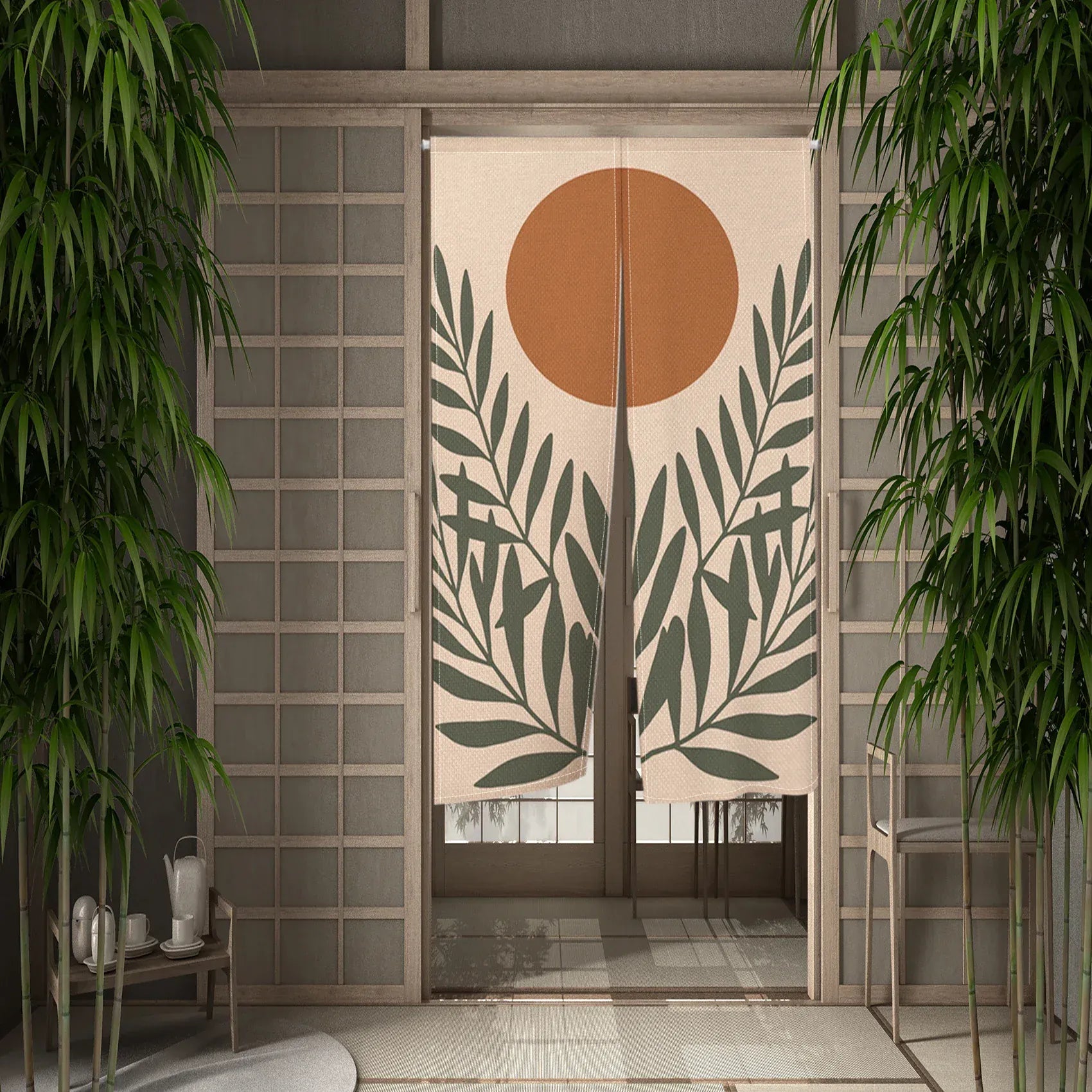 CTS02660 / 80x120cm Noren Japonais Beige Orange – Rideau de Porte Lin Naturel, Séparation de Pièce, Style Rustique