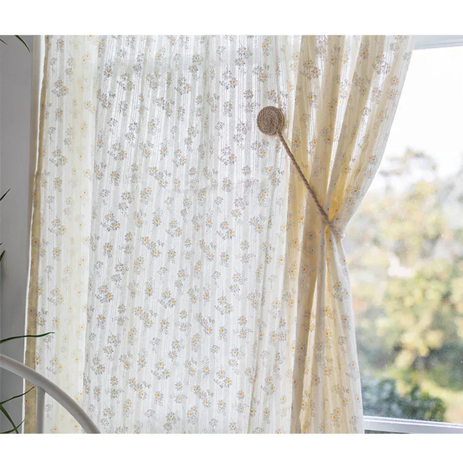Daisy / W60xH90cm / Rod Pocket Rideaux Coréens à Marguerites – Tissu Floral avec Poches et Pompons, Pour Cuisine, Chambre ou Salon