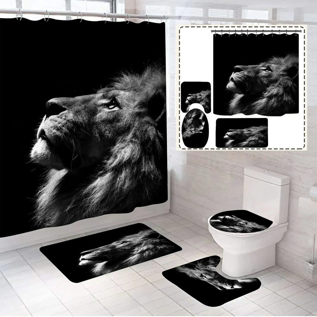 Ensemble Salle de Bain Lion – Rideau de Douche Noir Waterproof avec Tapis Antidérapants et Accessoires