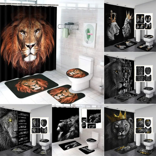 Ensemble Salle de Bain Lion – Rideau de Douche Noir Waterproof avec Tapis Antidérapants et Accessoires