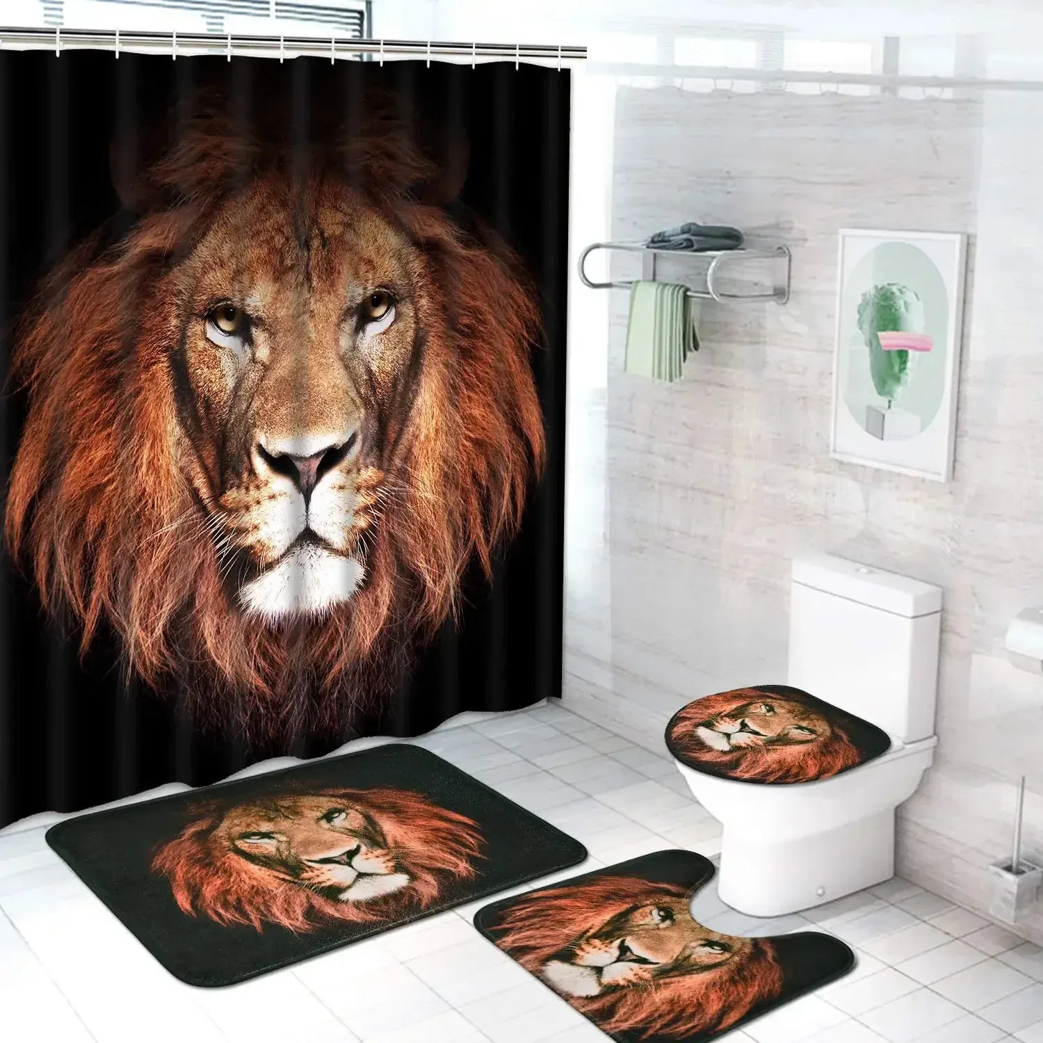 Ensemble Salle de Bain Lion – Rideau de Douche Noir Waterproof avec Tapis Antidérapants et Accessoires