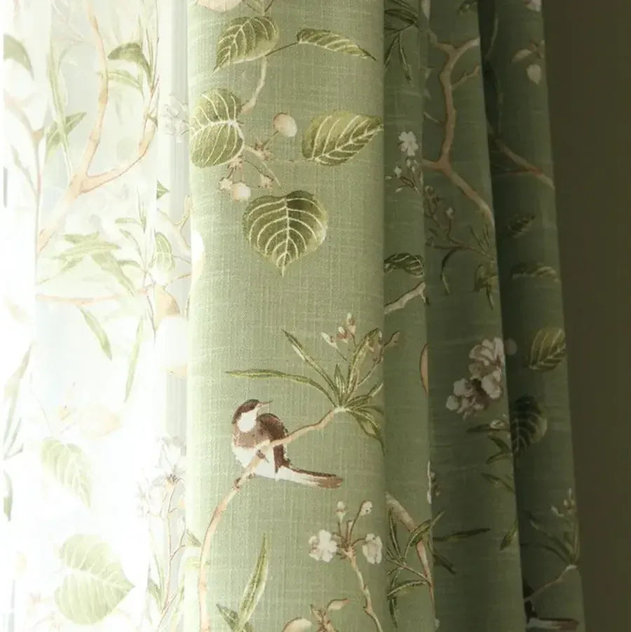 Green Curtains Cloth / W100CM X L260CM / Grommet top Rideaux Campagne Américaine – Coton Tissé Lin Vert avec Motifs d’Oiseaux, Occultants pour Salon & Chambre