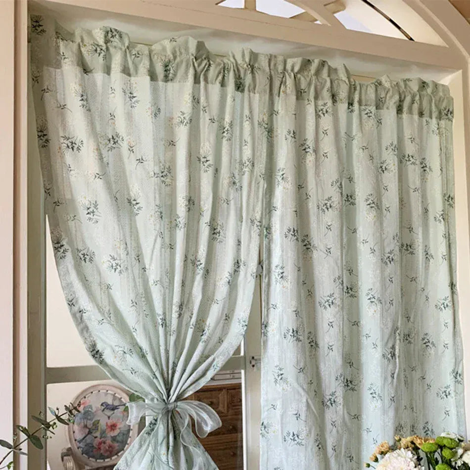 Green / W140xH60cm / Rod Pocket Rideaux Coréens à Marguerites – Tissu Floral avec Poches et Pompons, Pour Cuisine, Chambre ou Salon