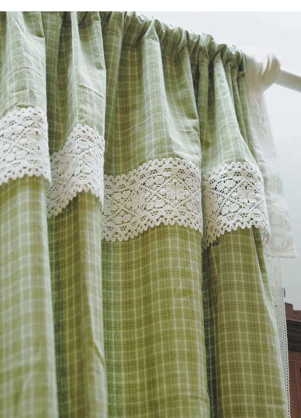 Green / W150cmxH100cm  1PC / Grommet Top Rideaux Champêtres Français – Tissu Coton Lin à Carreaux Verts avec Dentelle et Volants Intégrés