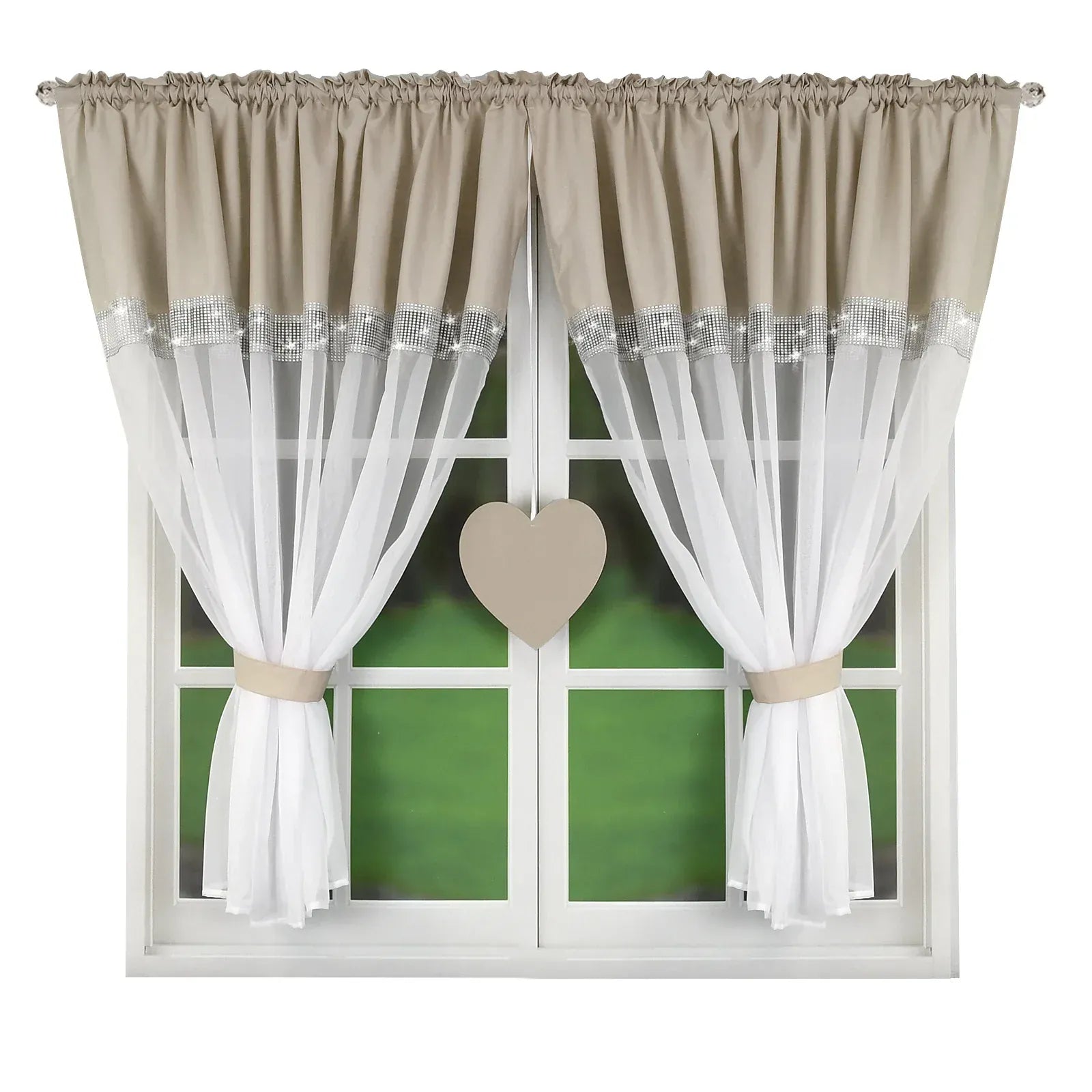 Grey coffee color / W200xH145cm 1pc / Pull Pleated Tape Rideaux Semi-Transparents avec Cœurs Argentés – Design Découpé Laser, Protection UV, 1 Pièce