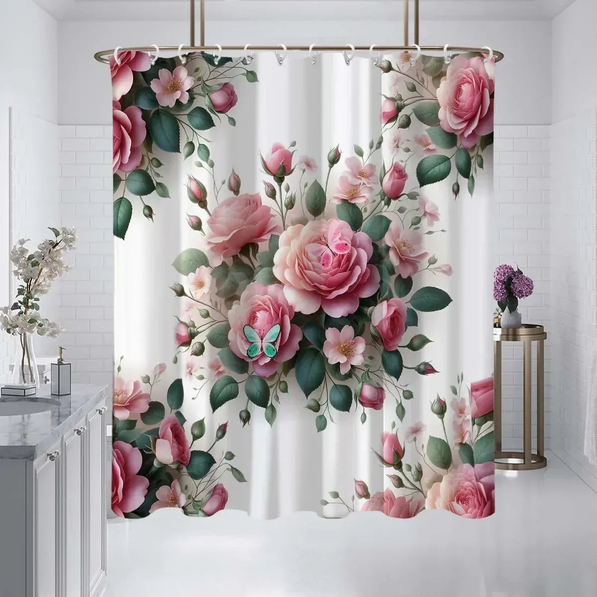 hxx-250617001650 / W180xH180cm Rideau de Douche Imprimé Fleurs – Motif Roses & Marguerites, Étanche et Élégant pour Salle de Bain
