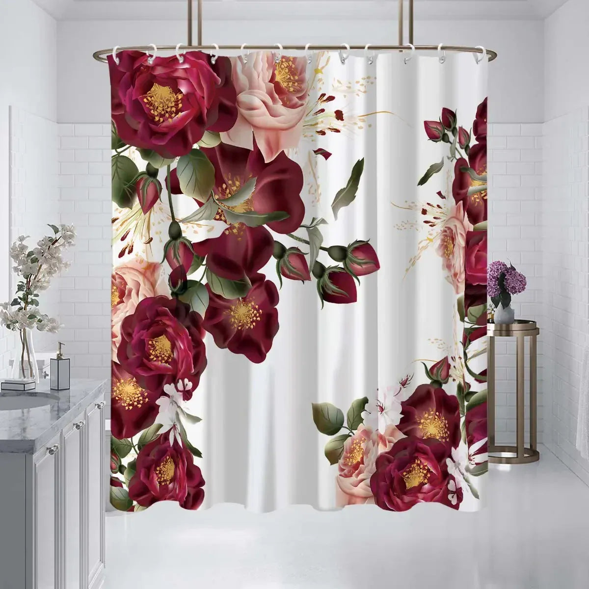 hxx-250617001651 / W200xH180cm Rideau de Douche Imprimé Fleurs – Motif Roses & Marguerites, Étanche et Élégant pour Salle de Bain
