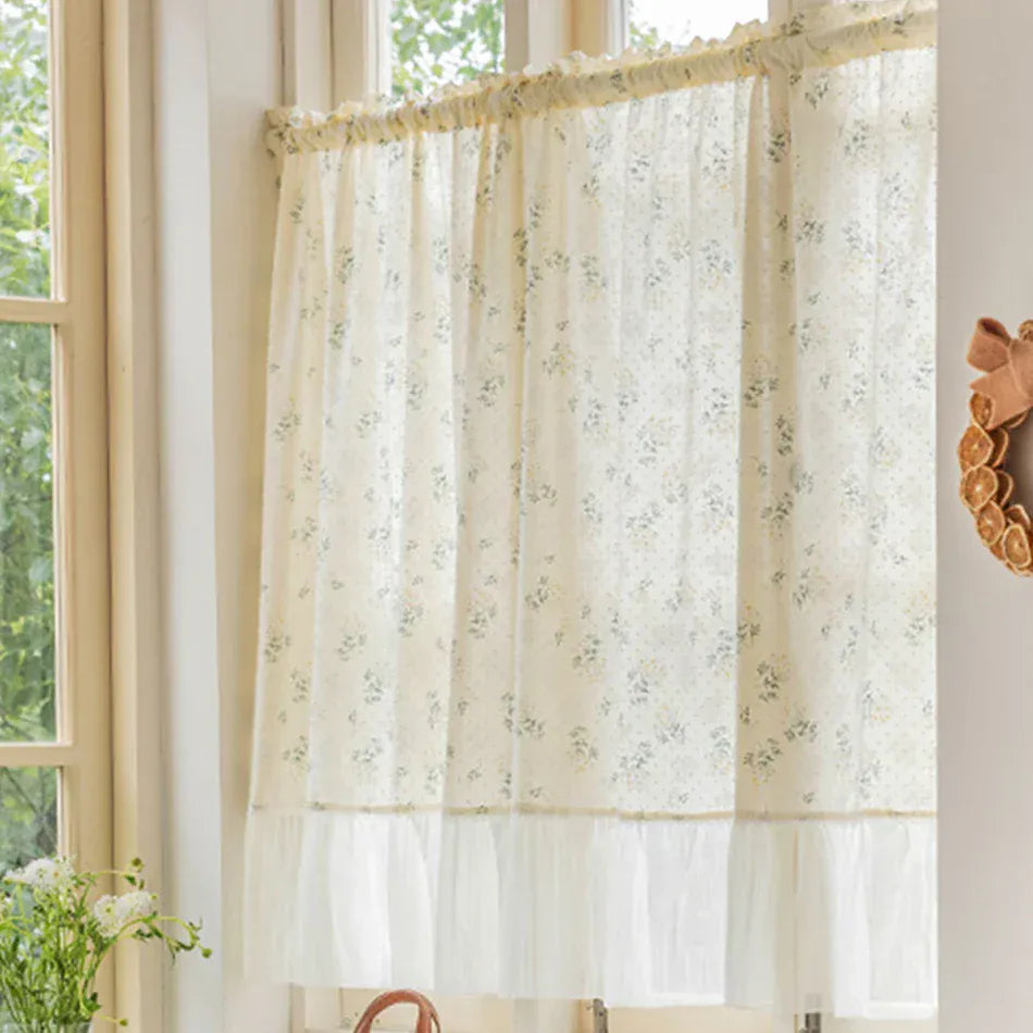 Ivory chiffon ruffle / W140xH180cm / Rod Pocket Rideau Court à Volants Rustiques en Mousseline – Style Français Fleuri, Demi-Rideau Passe-Tringle pour Cuisine ou Salon