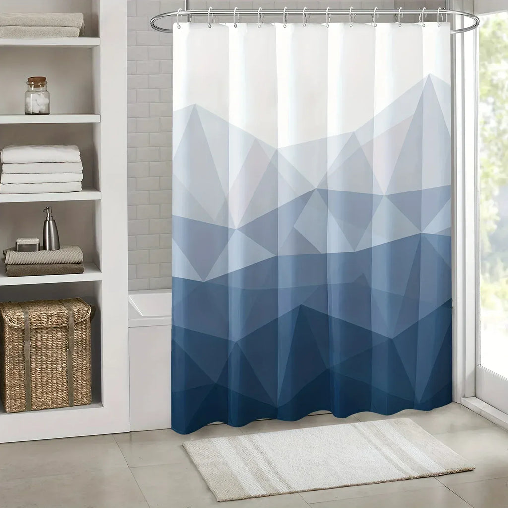 jds-250513006650 / W90xH180cm Rideau de Douche Étanche Bleu et Blanc – Motif Géométrique Moderne pour Salle de Bain Élégante